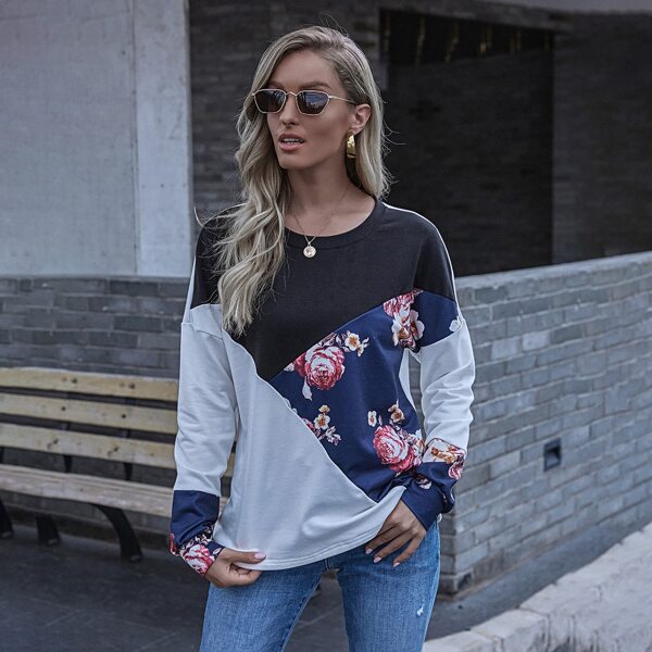

Drop Shoulder Colorblock Floral Pullover, Multicolor