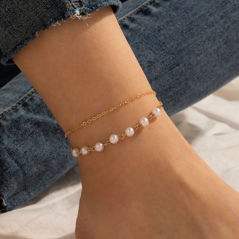 

Faux Pearl Decor Layered Anklet, Gold