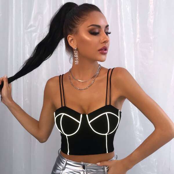 

Reflective Contrast Piping Crop Cami Top, Black