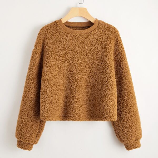 

Teddy Drop Shoulder Solid Sweatshirt, Brown