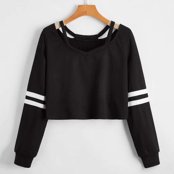 

Striped Print Cut Out Crop Sweatshirt, Black