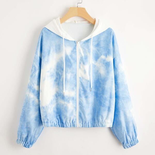 

Corduroy Tie Dye Drawstring Hooded Jacket, Baby blue