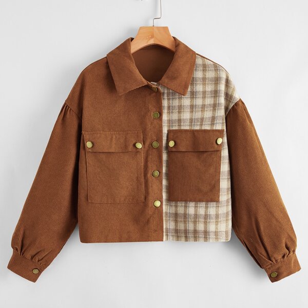 

Corduroy Plaid Panel Flap Pocket Jacket, Brown