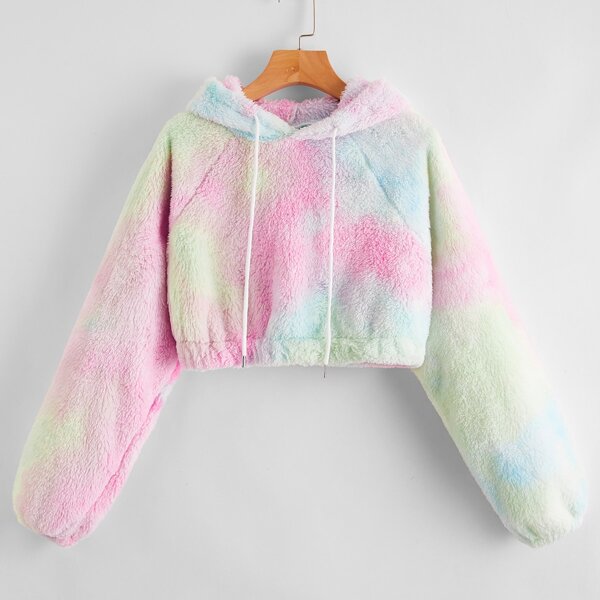 

Tie Dye Raglan Sleeve Drawstring Teddy Hoodie, Pink
