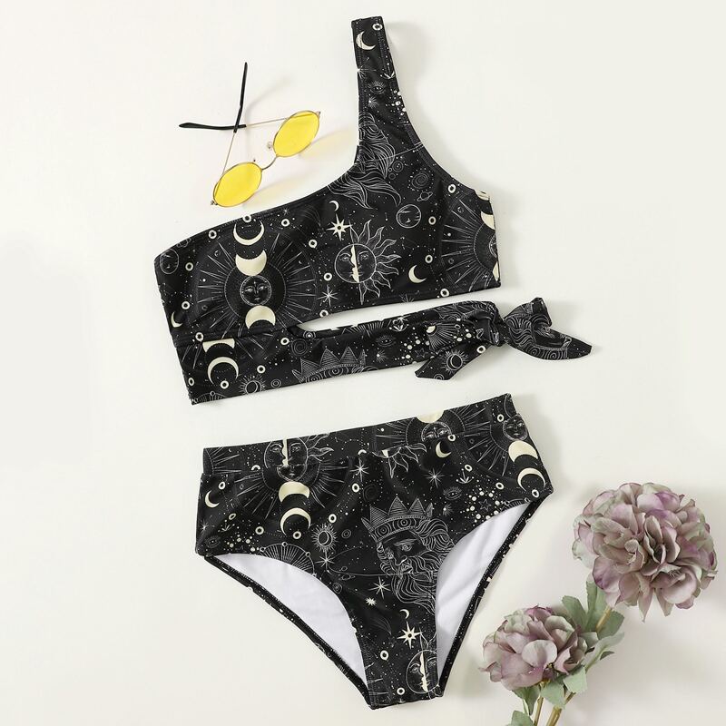 

Galaxy Print One Shoulder Bikini Swimsuit, Black