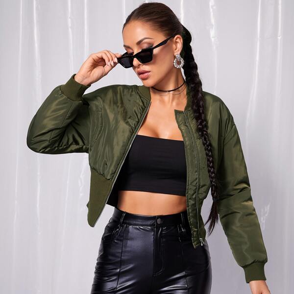 

Drop Shoulder Zipper Placket Bomber Jacket, Army green