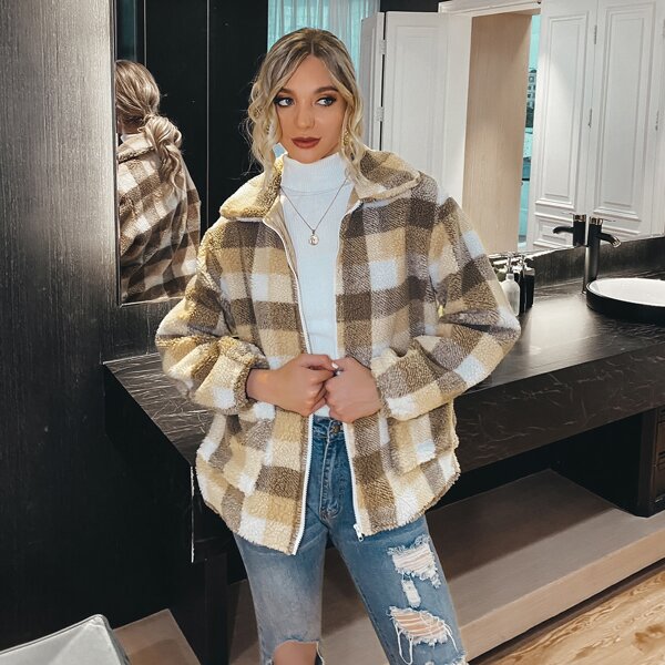 

Plaid Dual Pocket Teddy Coat, Multicolor