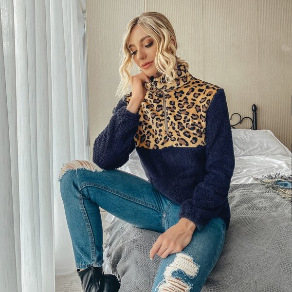 

Contrast Graphic Half Zip Teddy Sweatshirt, Multicolor