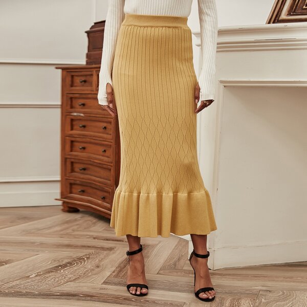 

Solid Ruffle Hem Knit Skirt, Yellow