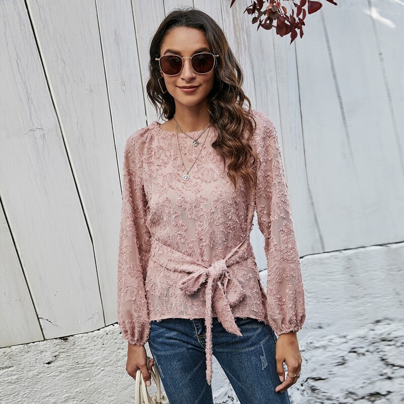 

Solid Self Tie Raglan Sleeve Blouse, Dusty pink