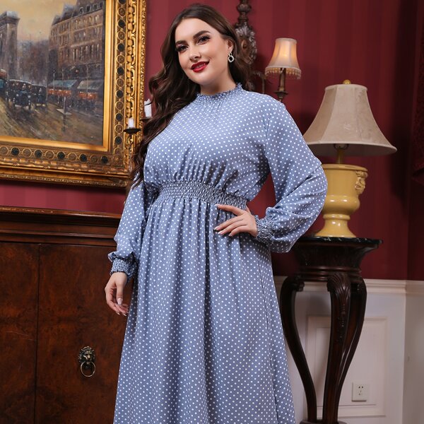 

Plus Polka Dot Shirred Dress, Dusty blue