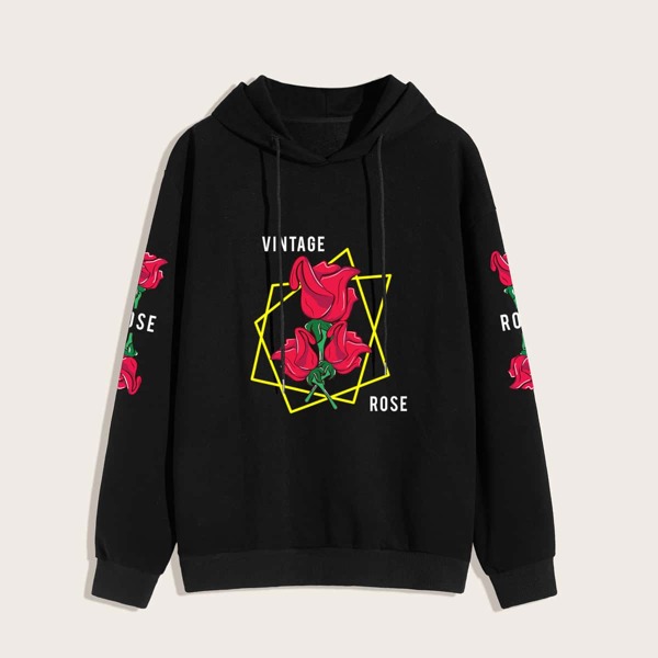 

Men Rose And Letter Graphic Drop Shoulder Hoodie, Black