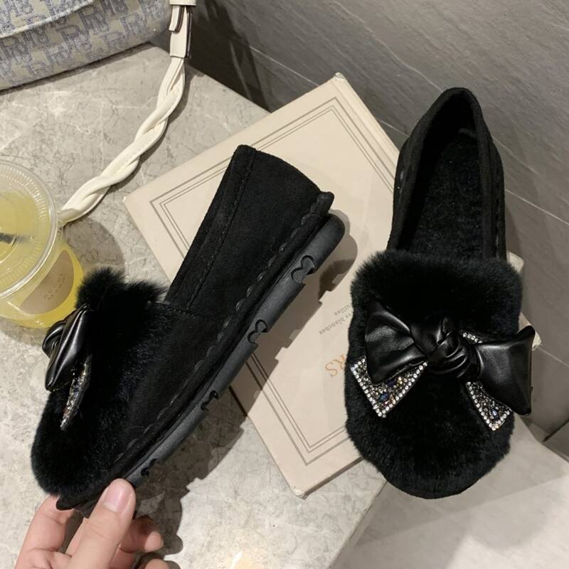 

Rhinestone Bow Fluffy Flats, Black