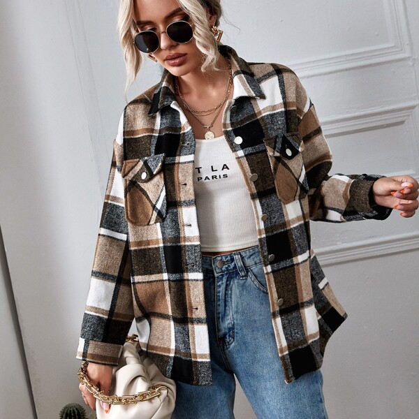 

Flap Pocket Front Plaid Coat, Multicolor