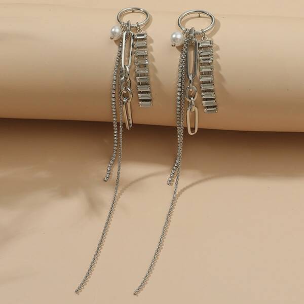 

Faux Pearl Decor Chain Charm Drop Earrings, Silver
