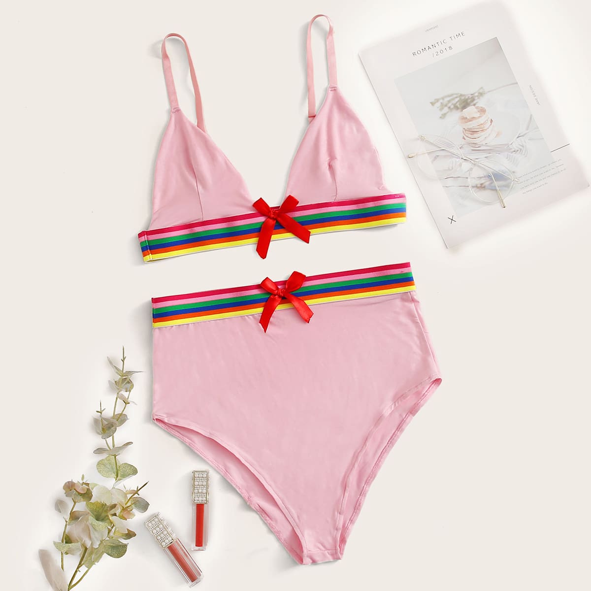 

Rainbow Striped Bow Lingerie Set, Baby pink