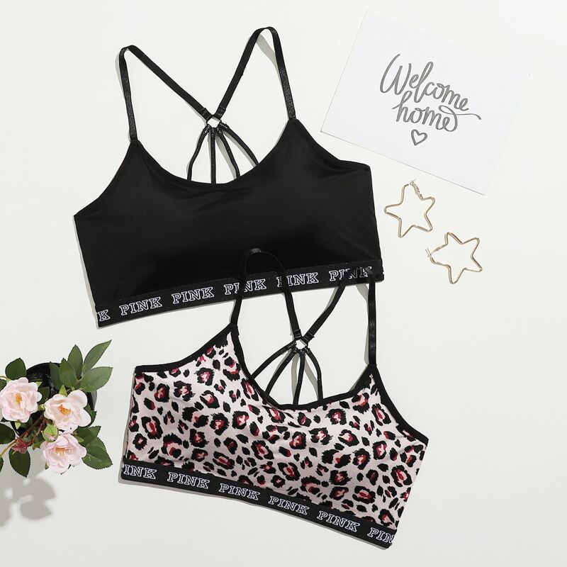 

2pack Leopard Letter Tape Bra Set, Multicolor