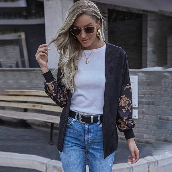 

Open Front Drop Shoulder Floral Sleeve Coat, Black