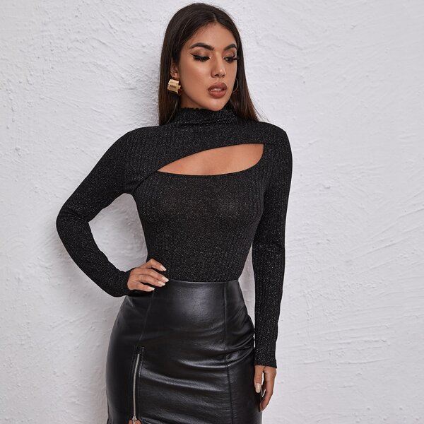 

Mock-Neck Cut Out Front Glitter Top, Black