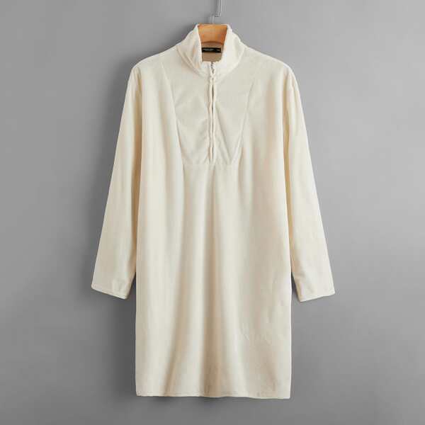 

Plus Quarter Zip Flannel Tunic Dress, Beige