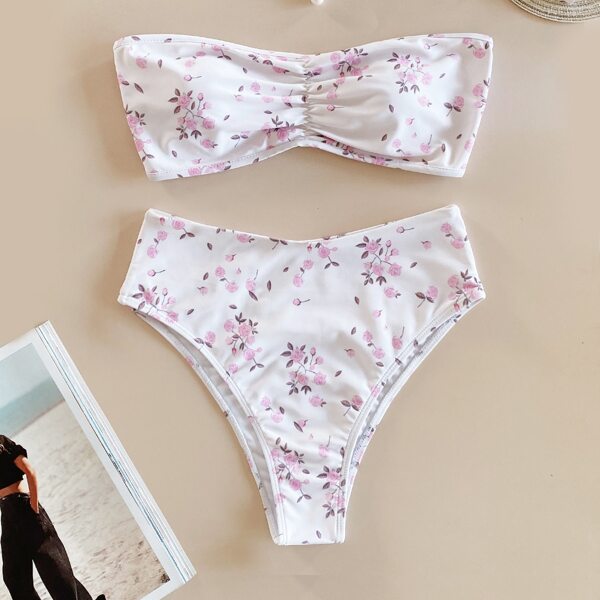 

Floral Ruched Bandeau Bikini Swimsuit, White