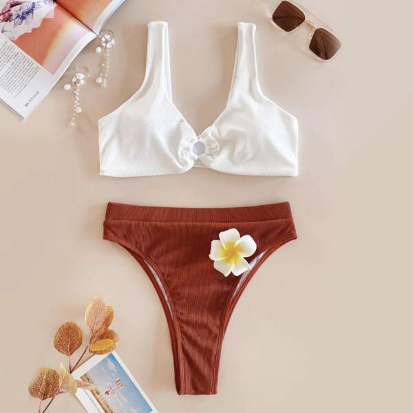 

Rib Ring Linked Bikini Swimsuit, Multicolor