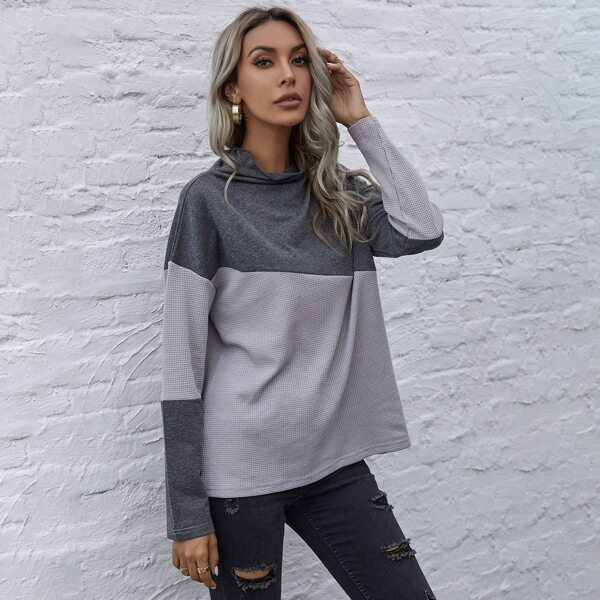 

Funnel Neck Drop Shoulder Colorblock Tee, Grey