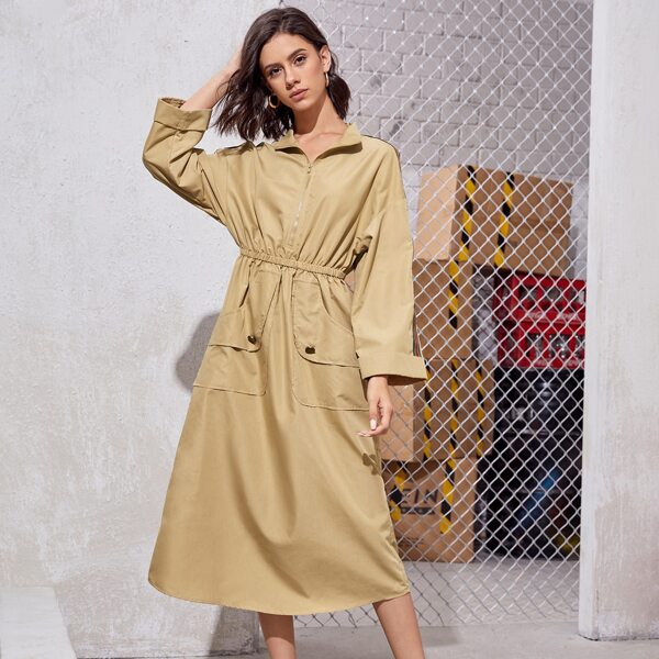 

Contrast Striped Side Pocket Front Rolled Cuff Dress, Khaki