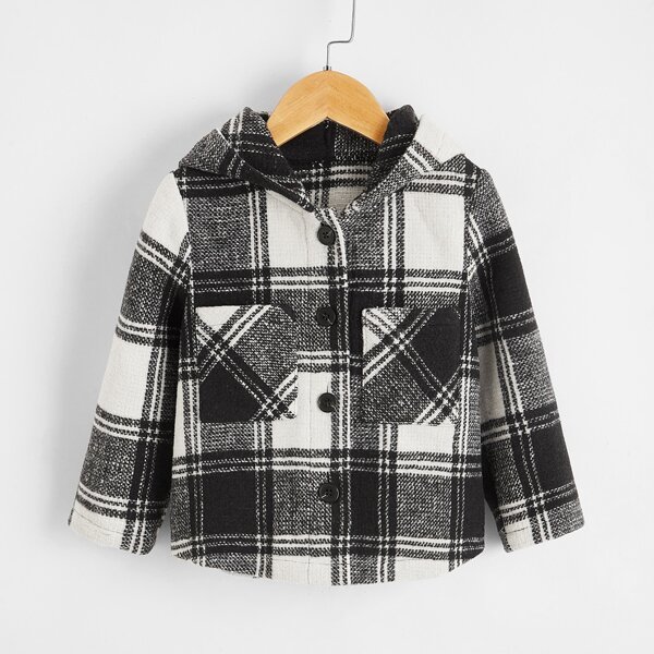 

Toddler Boys Pocket Front Plaid Hooded Overcoat, Black and white