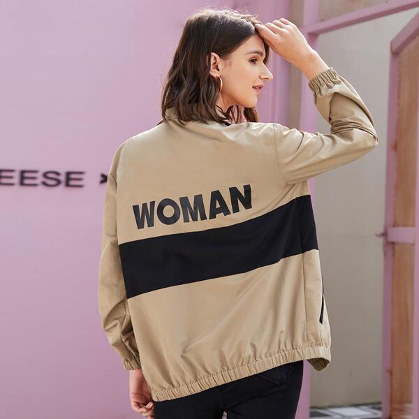 

Letter Graphic Two Tone Zip Up Jacket, Khaki