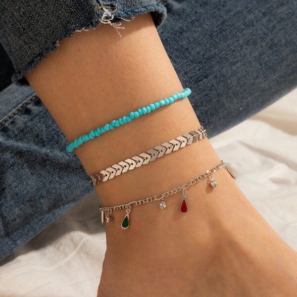 

3pcs Rhinestone Decor Anklet, Multicolor
