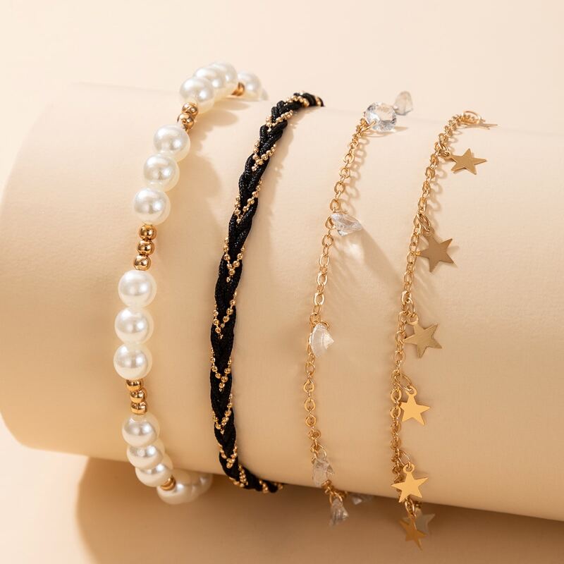 

4pcs Faux Pearl & Star Decor Anklet, Multicolor
