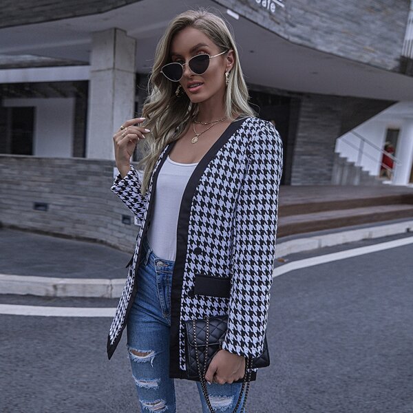 

Double Button Houndstooth Coat, Black and white