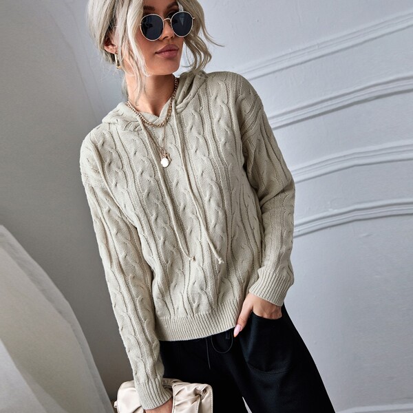 

Cable Knit Drawstring Hooded Sweater, Apricot