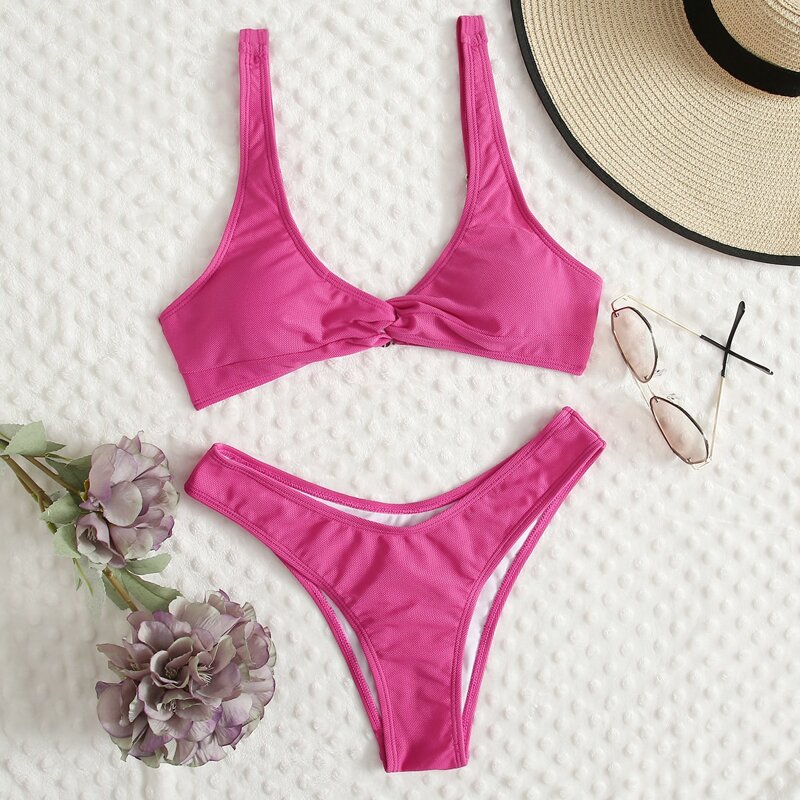 

Solid Twist High Cut Bikini Swimsuit, Hot pink