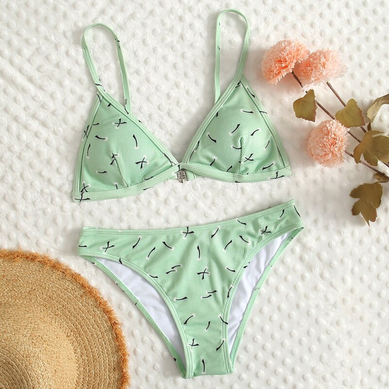 

Allover Print Triangle Bikini Swimsuit, Green