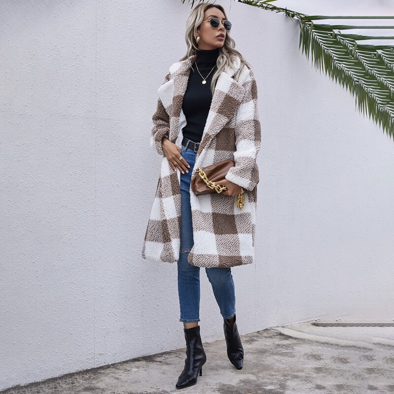 Open Front Gingham Teddy Coat, Multicolor