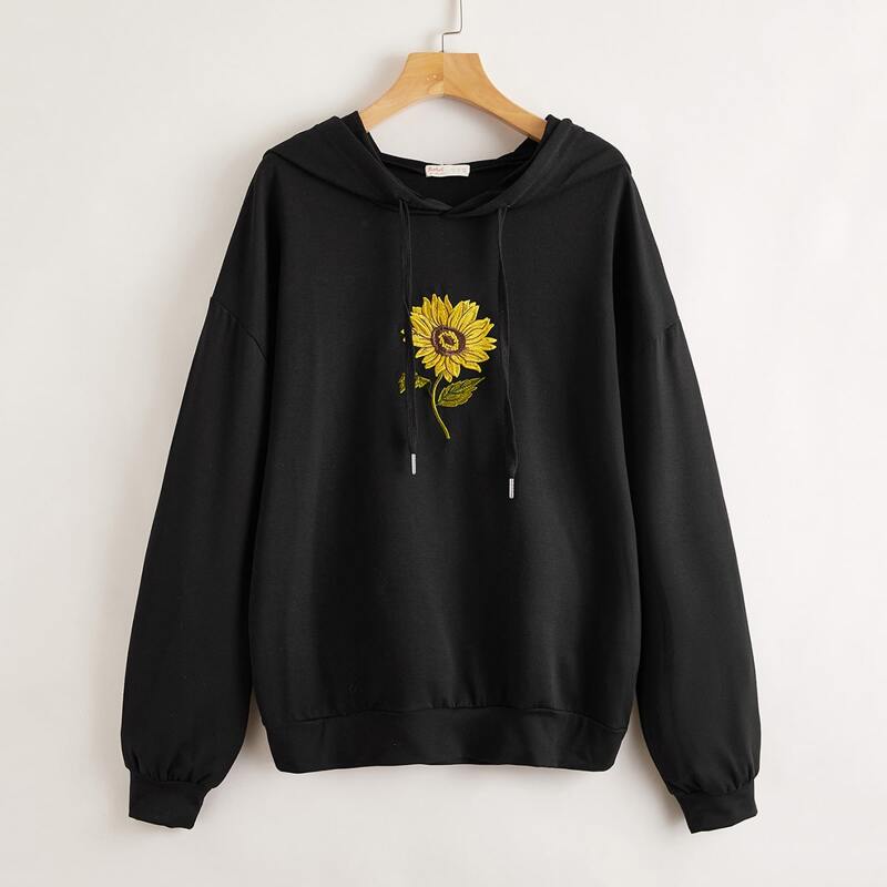 

Floral Embroidery Drawstring Hoodie, Black