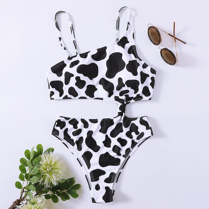 

Cow Print Cut Out One Piece Swimsuit, Black and white