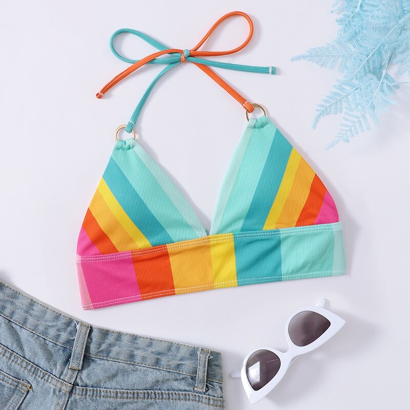 

Rainbow Striped Triangle Bikini Top, Multicolor