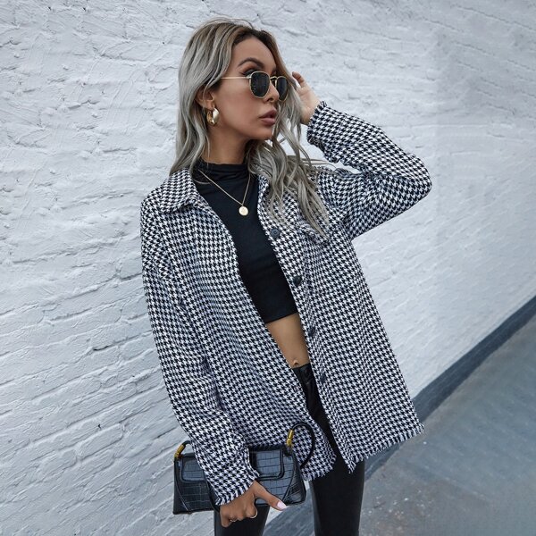 

Drop Shoulder Buttoned Houndstooth Coat, Black and white