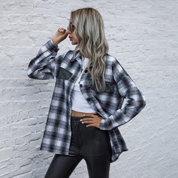 

Contrast Leather Look Buttoned Plaid Coat, Black and white
