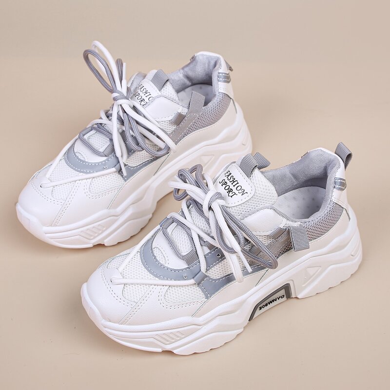 

Lace-up Front Mesh Panel Chunky Sneakers, White