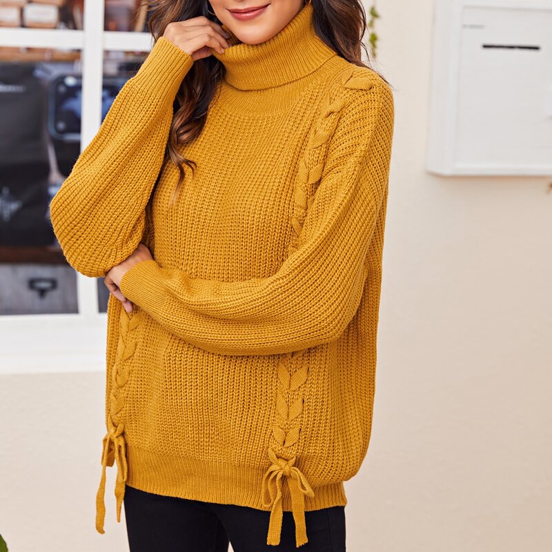 

Rolled Neck Lace-up Front Drop Shoulder Sweater, Mustard yellow
