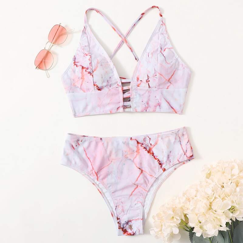 

Marble Print Cut Out Bikini Swimsuit, Multicolor