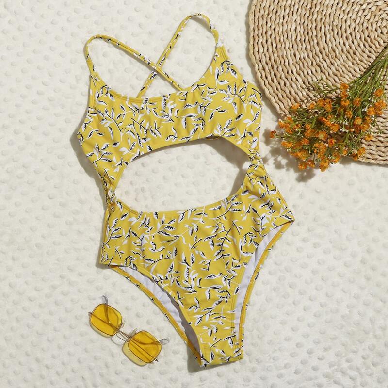 

Leaf Print Cut Out One Piece Swimsuit, Yellow