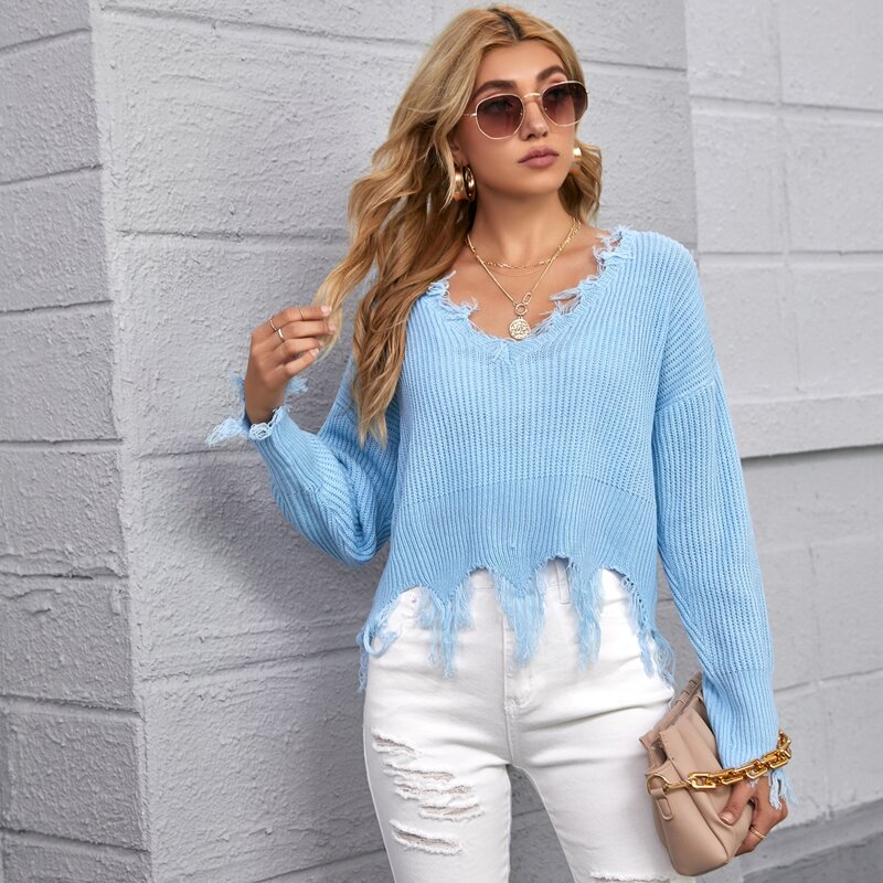 

Drop Shoulder Distressed Trim Sweater, Pastel baby blue