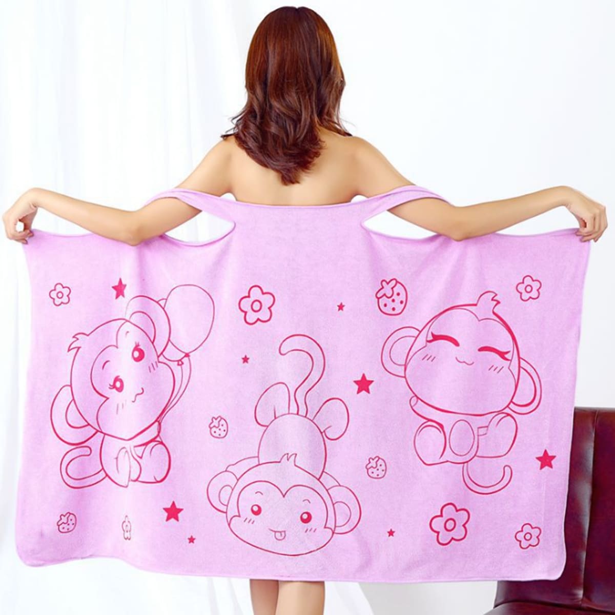 

1pc Cartoon Monkey Print Bath Towel, Mauve purple