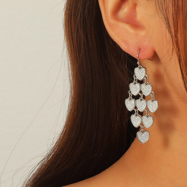 

Heart Charm Drop Earrings, Silver