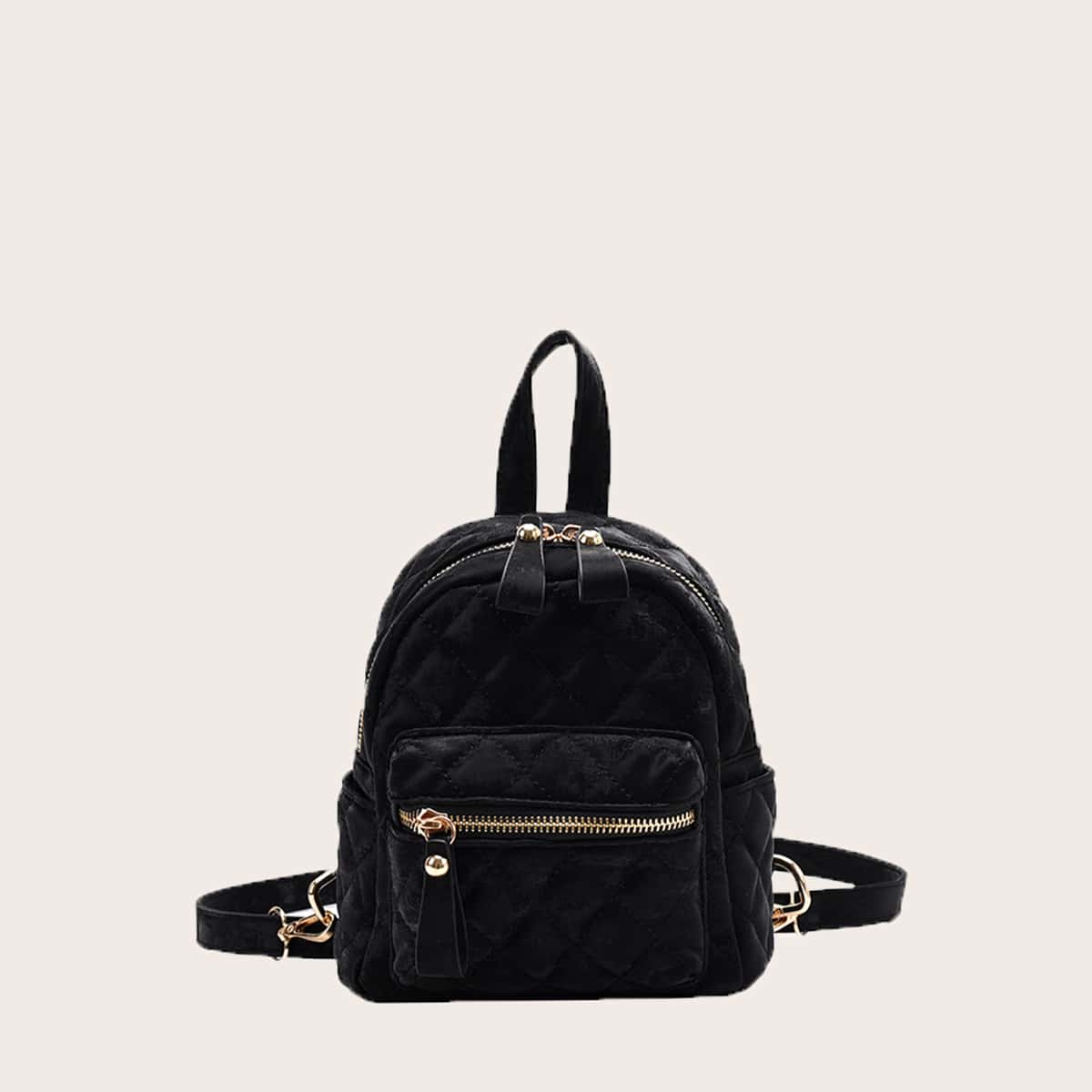 

Pocket Front Quilted Velvet Backpack, Black